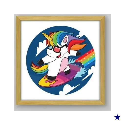 Quadro Infantil Surf Unicórnio - 20x20cm - Moldura Caixa Madeira