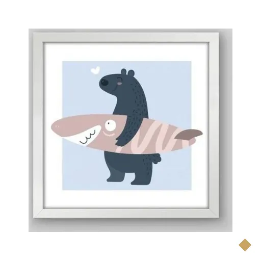 Quadro Infantil Urso Surfista - 60x60cm - Moldura Caixa Branco