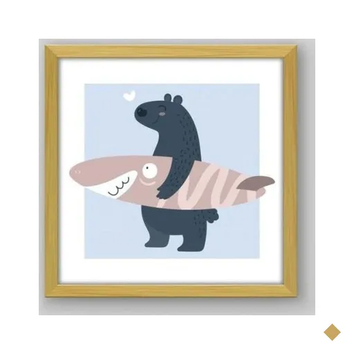 Quadro Infantil Urso Surfista - 20x20cm - Moldura Caixa Madeira
