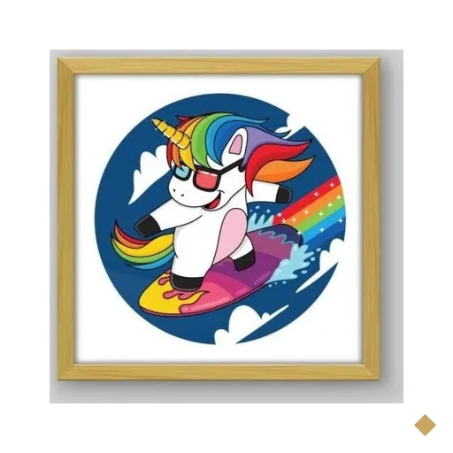 Quadro Infantil Surf Unicórnio - 30x30cm - Moldura Padrão Madeira