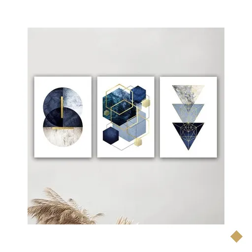 Kit 3 Placas Decorativas Geométrico Dourado Azul 20x30