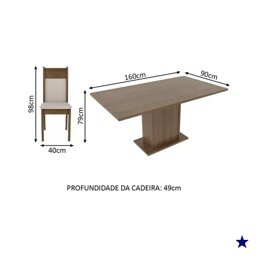 Conjunto Sala de Jantar Lousiana da Madesa, Mesa Tampo de Madeira com 6 Cadeiras