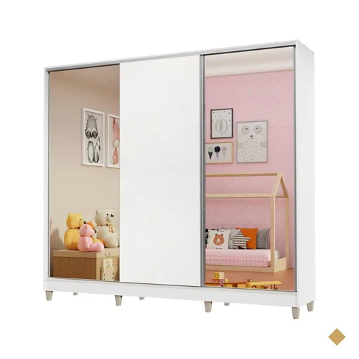 Guarda Roupa Infantil 100% MDF Madesa Logan 3 Portas de Correr com Espelhos com…