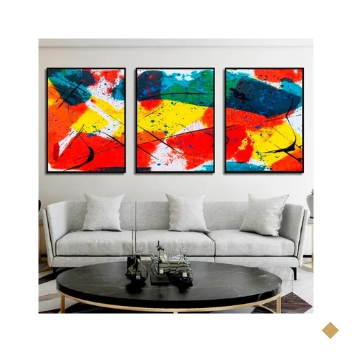 Quadro Abstrato Colorido Cores Quentes - Kit 3 telas - 90 x 60 cm - Branca