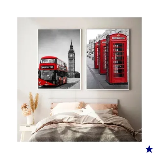 Quadro Londres Preto e Vermelho - Kit 2 telas - 60 x 40 cm - Preta