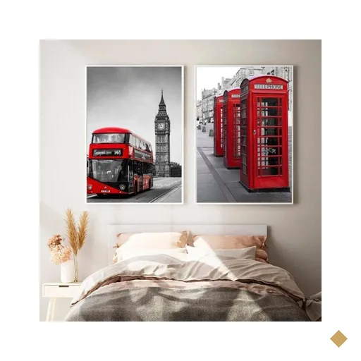 Quadro Londres Preto e Vermelho - Kit 2 telas - 60 x 40 cm - Branca