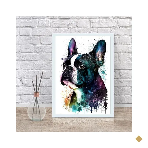 Quadro Decorativo Boston Terrier Aquarela 33x24cm - com Vidro:madeira Branca