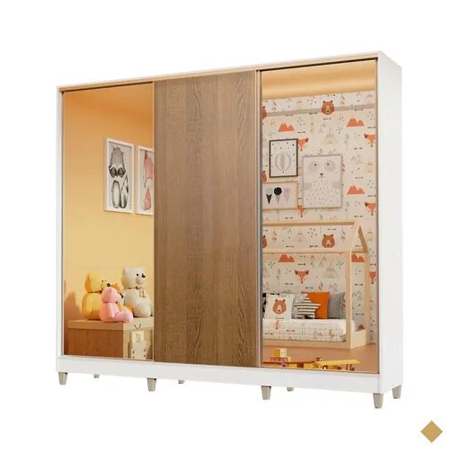 Guarda-Roupa Infantil em MDF Madesa Logan 3 Portas de Correr com Espelhos com…
