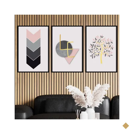 Kit com 3 Quadros Emoldurados Preto Geométrico e Árvore
