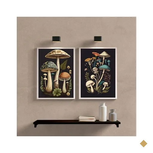 Kit 2 Quadros Decorativos Cogumelos 33x24cm:madeira Preta