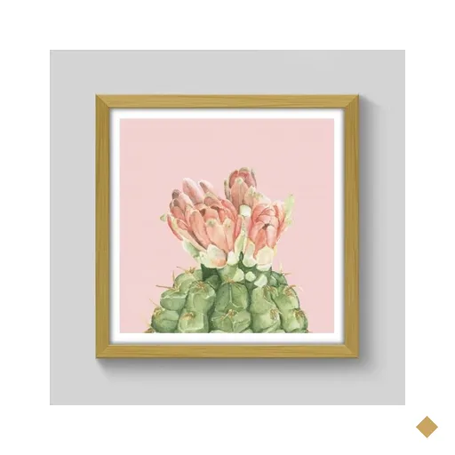 Quadro Floral Cacto Aquarela - 20x20cm - Moldura Caixa Madeira