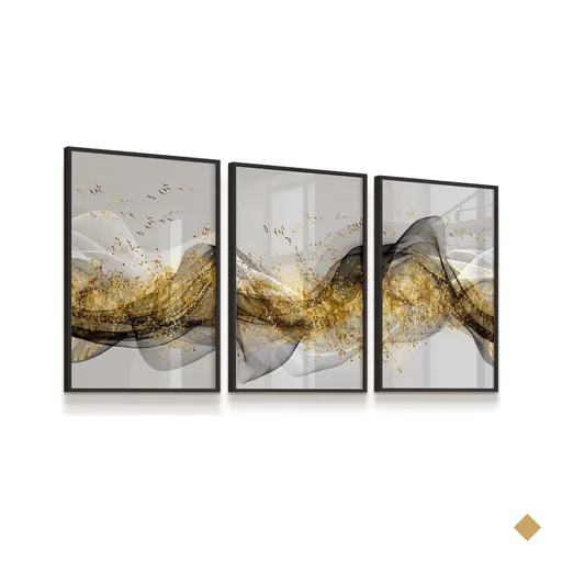 Kit 3 Quadros Abstrato Dourado Preto e Cinza Sala Quarto
