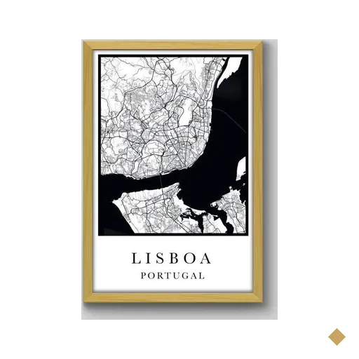 Quadro Mapa Lisboa - 45x30cm - Moldura Caixa Madeira