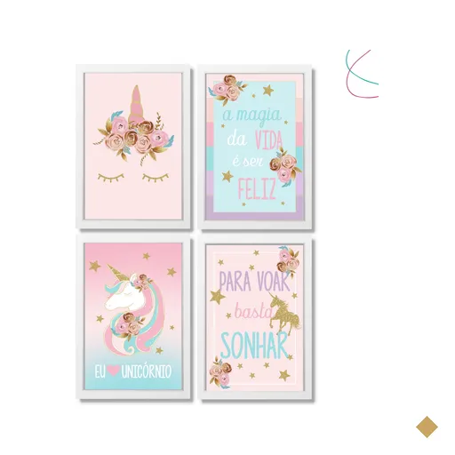 Kit com 4 Quadros Decorativos Infantil para Quarto Unicórnio:branca
