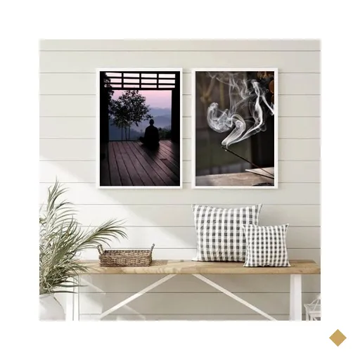 Kit 2 Quadros Meditação Fotografias Monge 45x34cm - com Vidro:madeira Branca