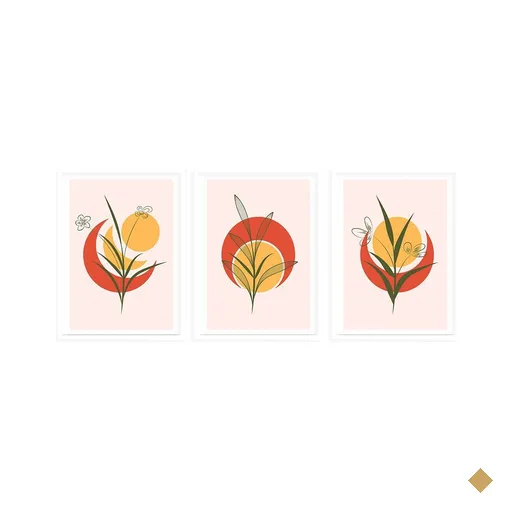 Kit 3 Quadros Decorativos Sol Lua e Ramos Diversos Branco - Médio