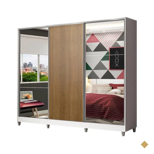 Guarda-Roupa Juvenil MDF Madesa Kevin 3 Portas de Correr com Espelhos com Pés…