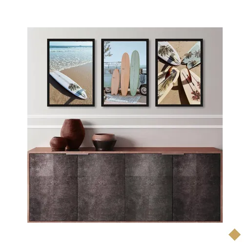 Kit 3 Quadros Coleção Praia Surf - Pranchas 24x18cm:madeira Preta