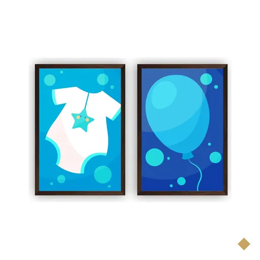 Quadro decorativo azul com moldura marrom e vidro Quarto infantil menino