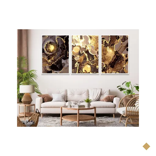 Jogo de Quadros Decorativos Triplo Molduras Marília Abstrato Dourado Preto -…