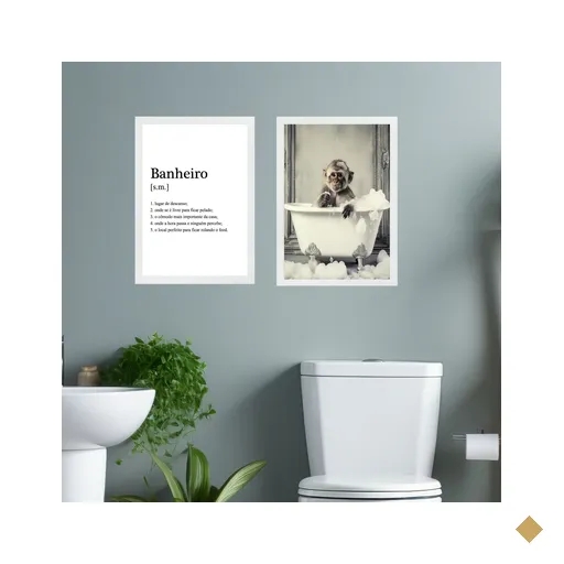 Kit 2 Quadros Decorar Banheiro - Macaquinho 33x24cm - com Vidro:moldura Branca