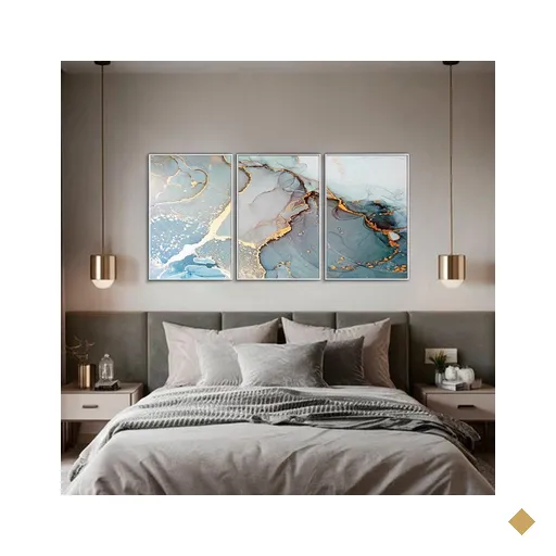 Quadro Decorativo Abstrato Azul com Dourado Kit 3 Quadros