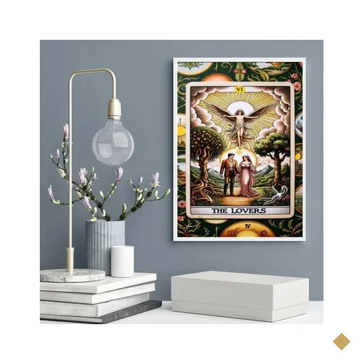 Quadro Decorativo Carta Tarot The Lovers- Floral 45x34cm:madeira Branca