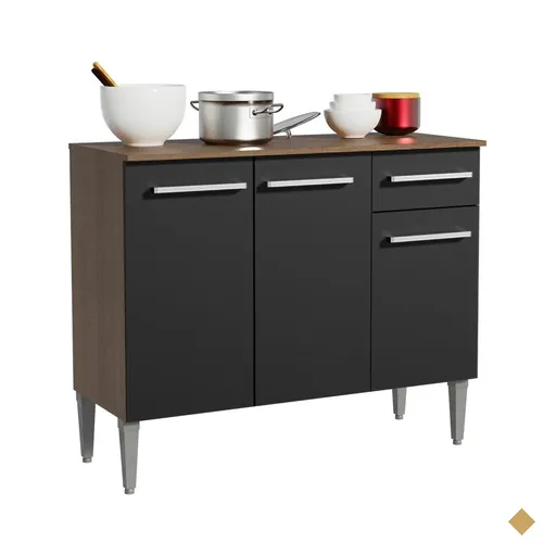 Balcão Gabinete Armário de Cozinha 3 Portas e 1 Gaveta Rustic/Preto Emilly…
