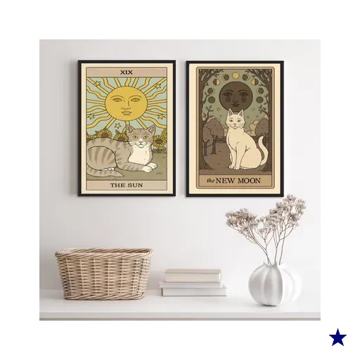 Kit 2 Quadros Cartas Tarot Gato- The Sun e The Moon 33x24cm - com Vidro:madeira…
