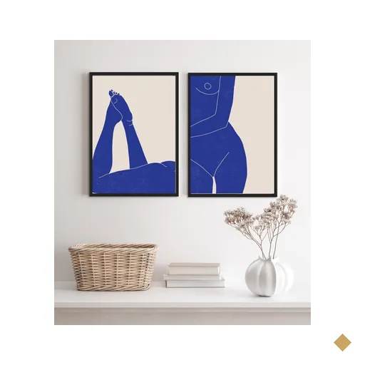 Kit 2 Quadros para Quarto Nú Artistico Azul 33x24cm - com Vidro:madeira Branca