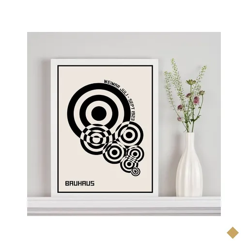 Quadro Bauhaus Círculos Bege e Preto 33x24cm:madeira Preta