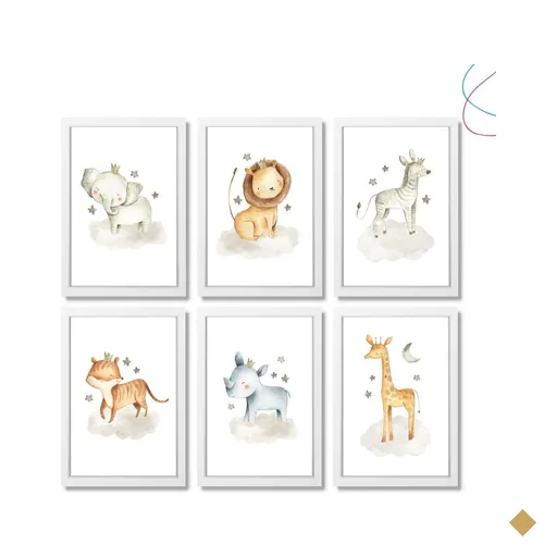 Kit 6 Quadros Decoração Quarto Infantil Safari Baby Aquarela:branco