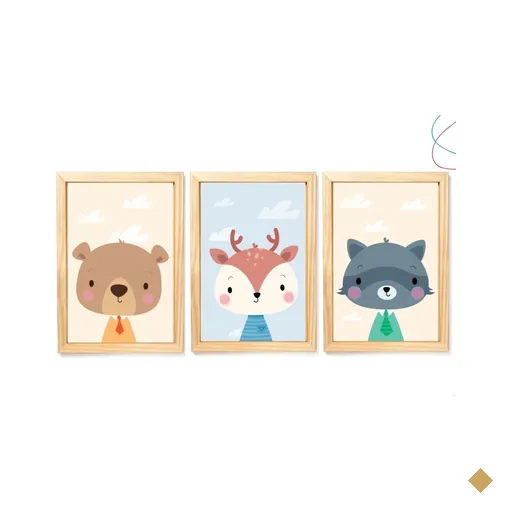 3 Quadros Decorativos Infantil Animais do Bosque Floresta:pinus