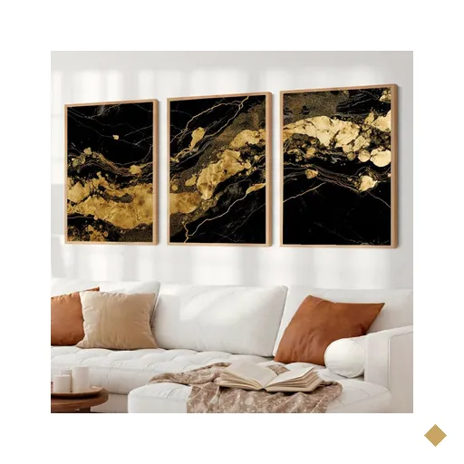 Kit Quadro Decorativo 3 Telas Black Ouro Tacolado Moldura Caixa 3cm Preta com…