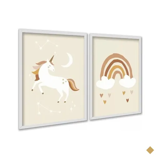 Kit 2 Quadros Infantis Unicórnio Arco-íris Bege 45x34cm:moldura Branca