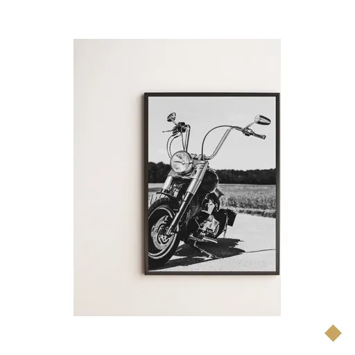 Quadro Fotografia Preto e Branca Moto 45x34cm - com vidro:Madeira preta