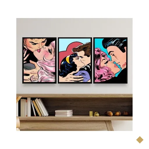 Kit 3 Quadros Decorativos Beijo Pop Art - Casais 33x24cm:madeira Preta