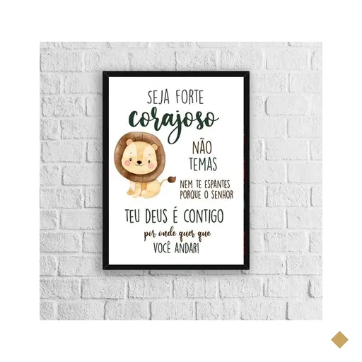 Quadro Infantil Tema Safari Seja Forte E Corajoso 45x34cm:Madeira branca