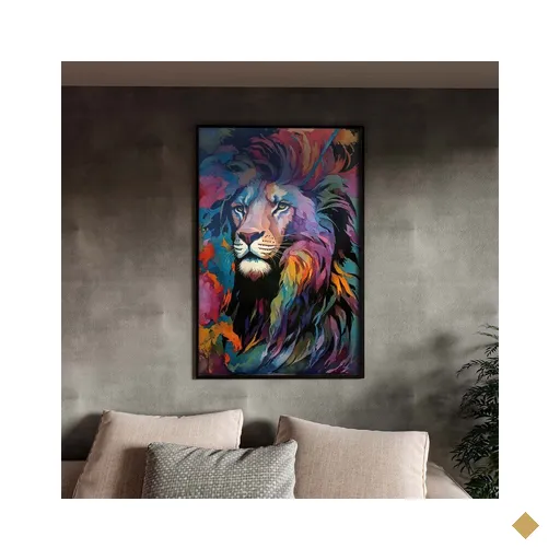 Quadro Decorativo Animais Face de Leão Colorido com Moldura e Vidro Preto -…
