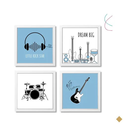 Quadros Decorativos Moldura e Vidro - Musica Estrela do Rock:branca