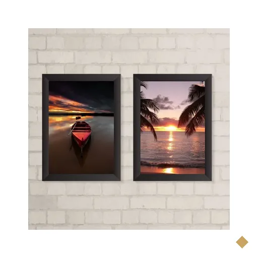 Kit 2 Quadros Fotografia por do Sol canoa 45x34cm - com Vidro:madeira Branca