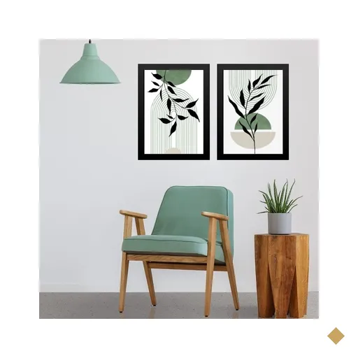Kit 2 Quadros Modernos Boho Verde Folha 45x34cm - com Vidro:madeira Preta