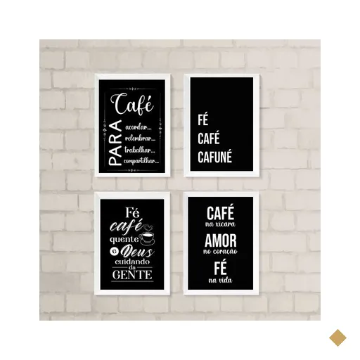 Kit 4 Quadros Cantinho do Café com fé 24x18cm:madeira Preta