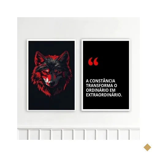Kit 2 Quadros Motivacionais Constância - Lobo 33x24cm:moldura Preta