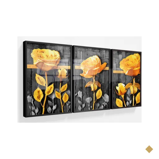 Kit 03 Quadros com Vidro Decorativos  1,59X0,78 - Rosa Amarela