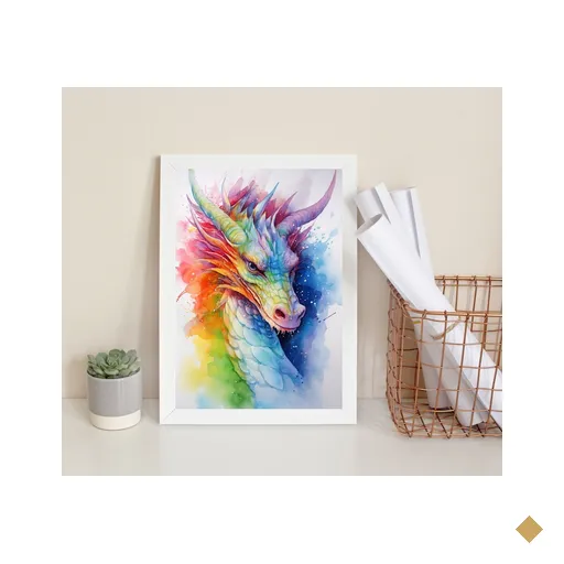 Quadro Decorativo Dragão Colorido Aquarela 33x24cm:madeira Preta