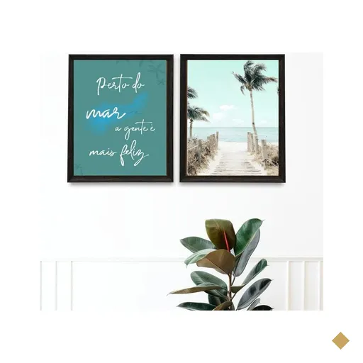 Kit 2 Quadros Praia Mar Felicidade - Coqueiros 33x24cm - com Vidro:madeira Preta