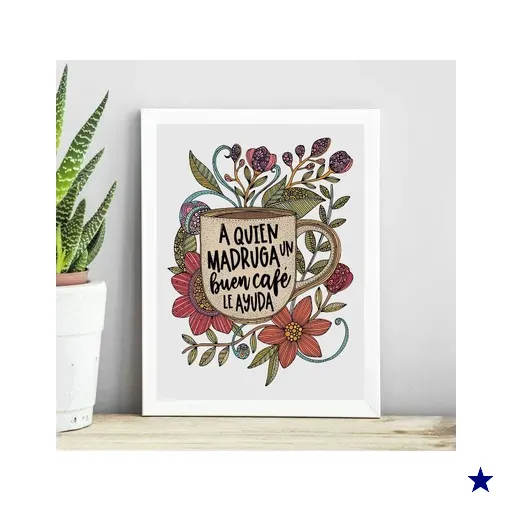 Quadro Café com Flores - Buen Café 45x34cm - com Vidro:madeira Branca
