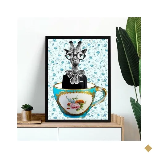 Quadro Decorativo Cozinha Vintage - Girafa Xícara 45x34cm - com Vidro:moldura…