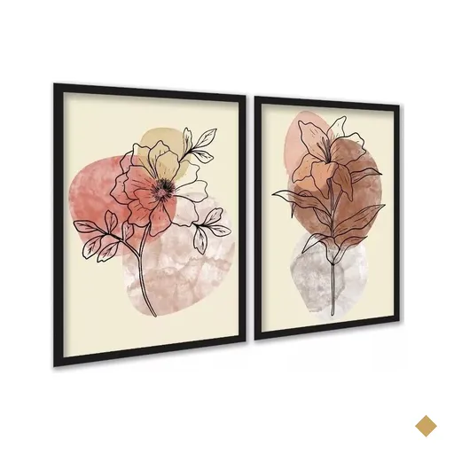 Kit 2 Quadros Flores Efeito Mármore Colorido 45x34cm:moldura Preta